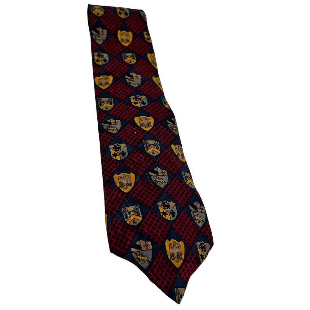 VICKY DAVIS NEW YORK RED BLUE MULTICOLOR CREST SILK TIE